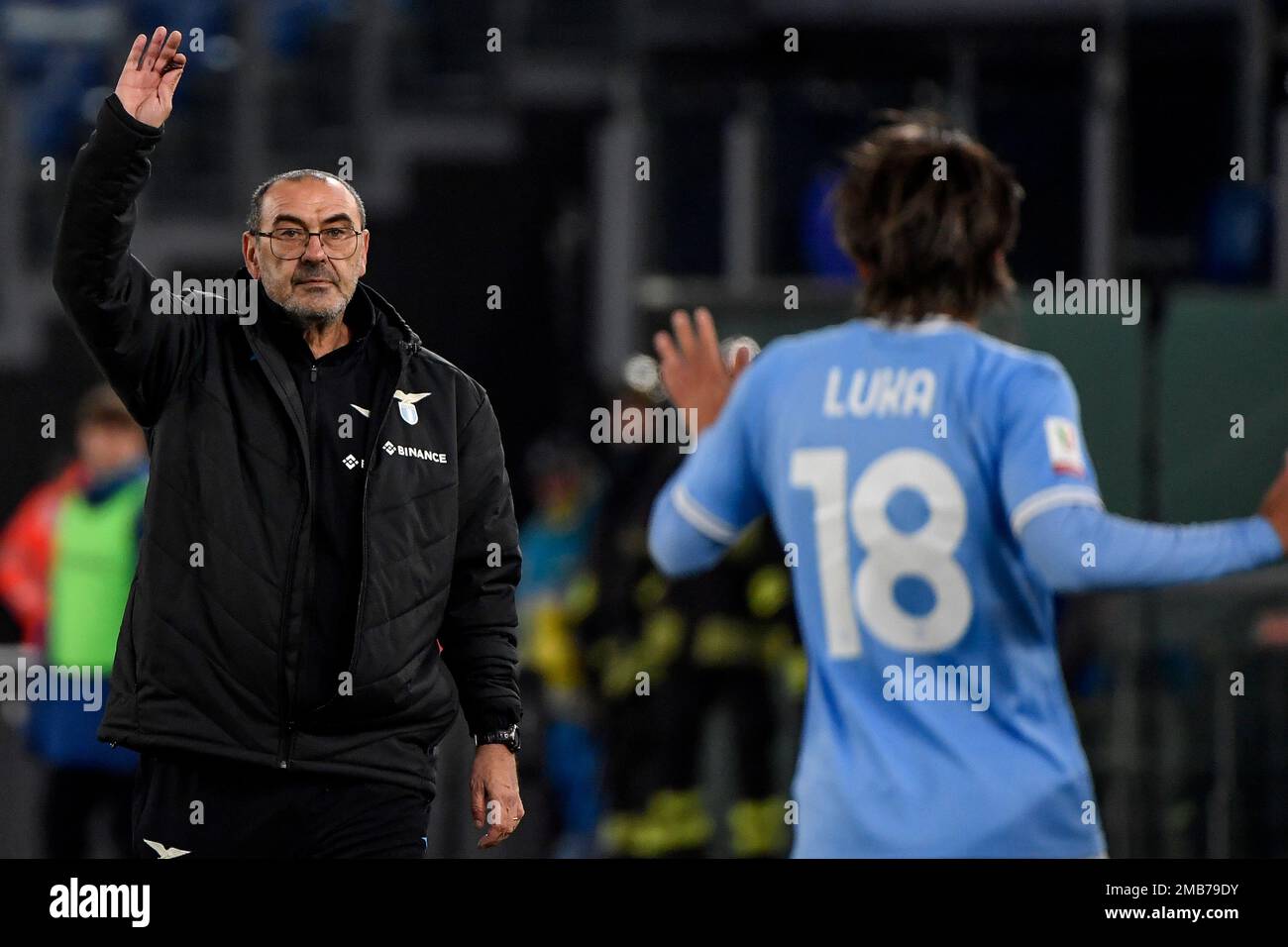 Maurizio Sarri coach of SS Lazio and Luka Romero during the Italy Cup football match between SS Lazio and Bologna FC at Olimpico stadium in Rome (Ital Stock Photo