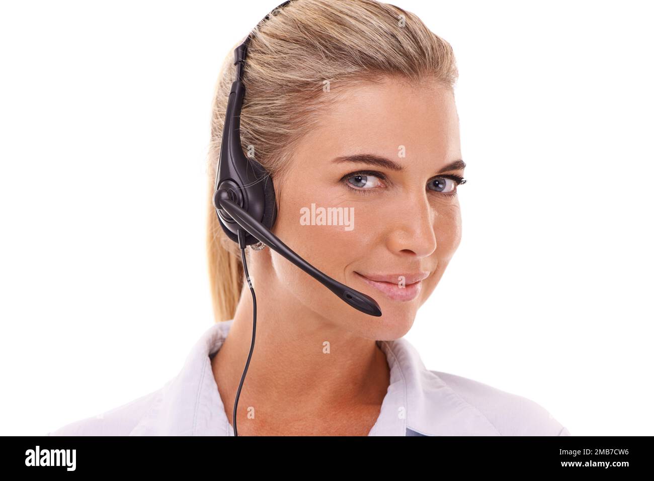 Customer support communication, face portrait and woman talk on contact us CRM, telemarketing or call center. Telecom microphone, customer service and Stock Photo