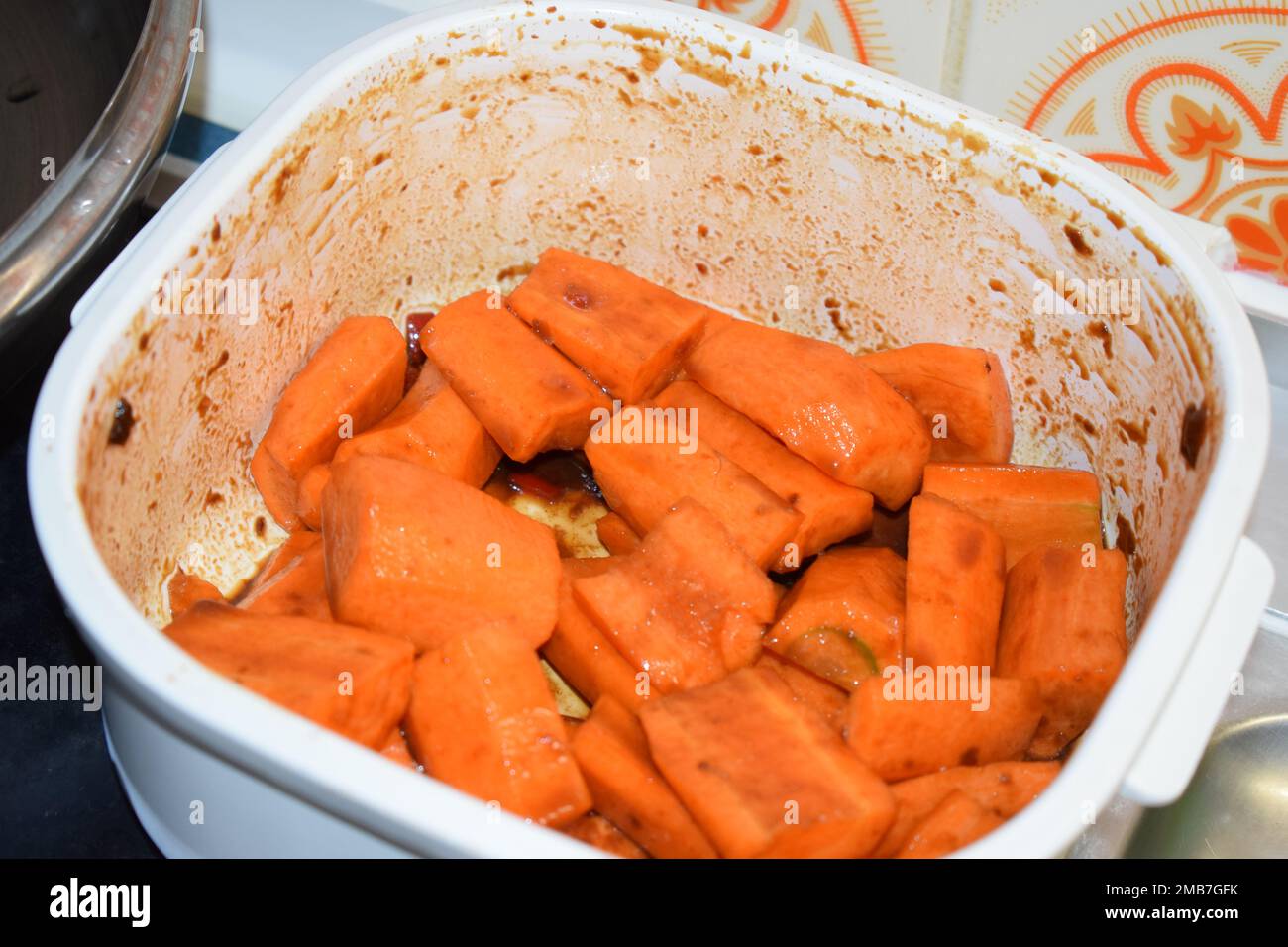 teriyaki carrots ready to roast Stock Photo
