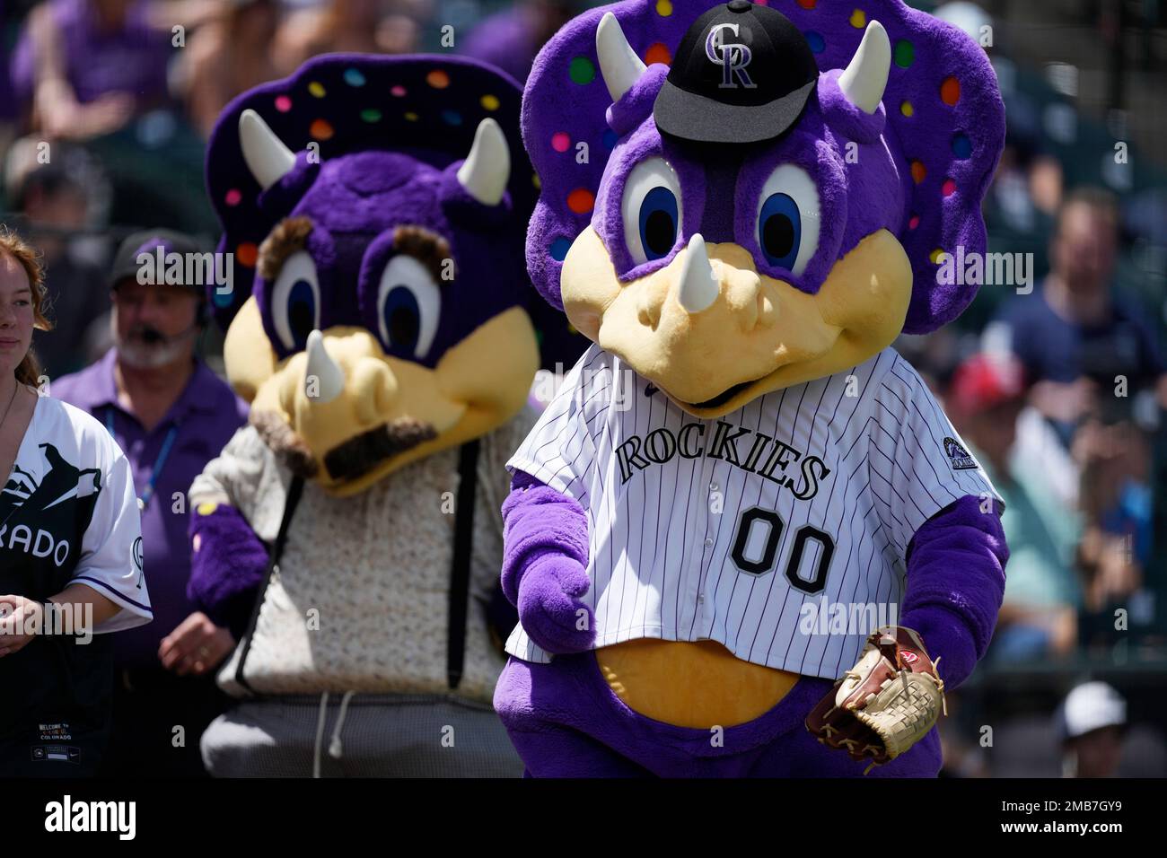 Colorado Rockies mascot Dinger, front,and his father, Dug, in the