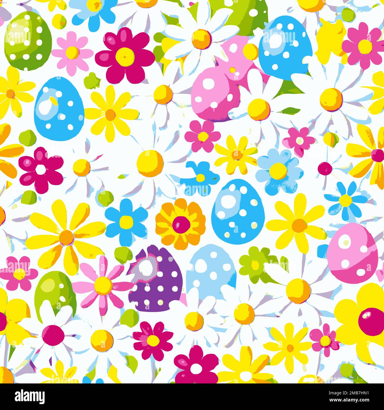 Illustration of many colorful decorated Easter eggs and flowers background pattern, red, yellow, green, blue, bright and pastel Stock Vector