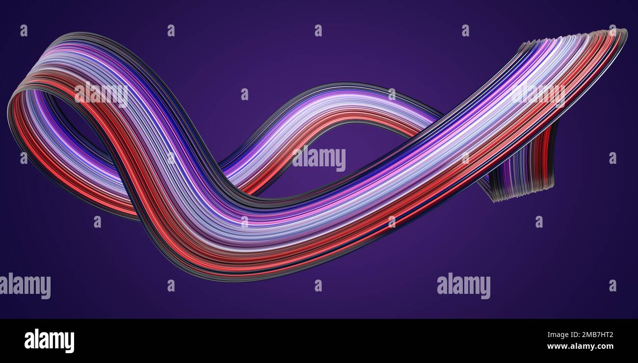 Multi-colored curved ribbon shape in blue and red tones. Blue gradient background. Stock Photo