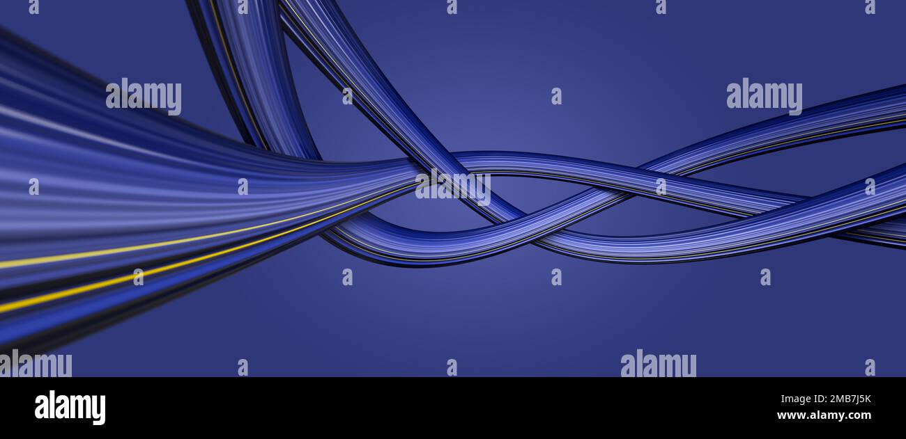 Multicolored curved ribbon shape in blue tones with yellow lines. Blue