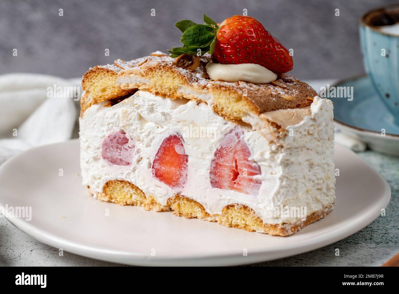 Strawberry and whipped cream cake. Strawberry and cream layer cake on