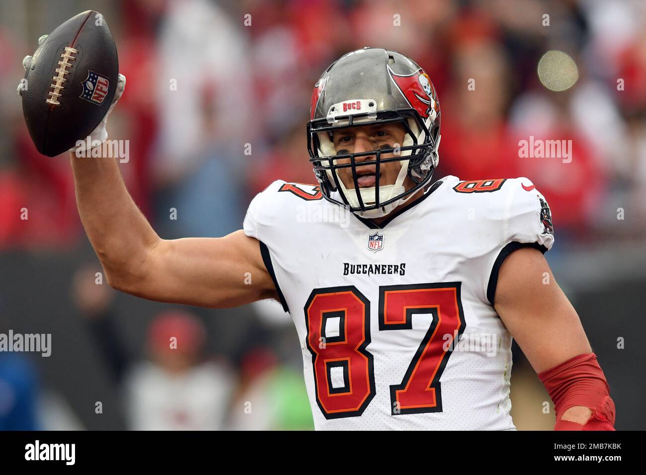 FILE - Tampa Bay Buccaneers tight end Rob Gronkowski (87) celebrates his  touchdown against the Philadelphia Eagles during the second half of an NFL  wild-card football game Sunday, Jan. 16, 2022, in