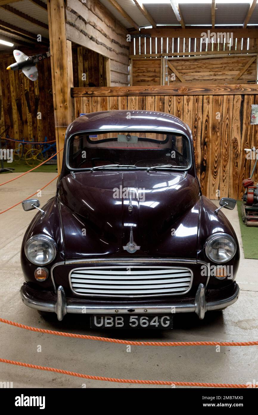 Northumberland UK: 6th June 2022: A restored and great condition Morris Minor on display at Northumberland Zoo Stock Photo