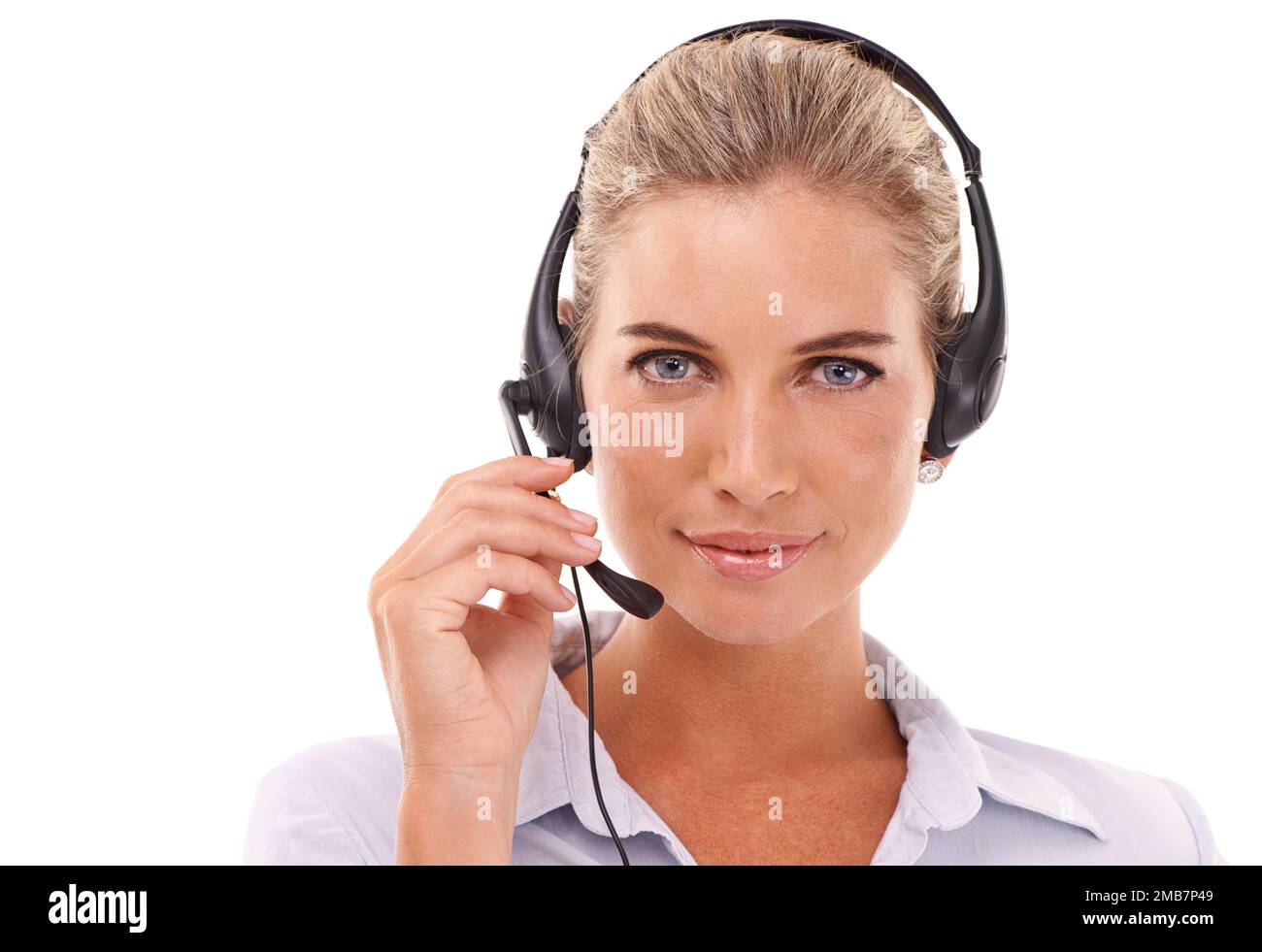 Customer service communication, face portrait and woman talk on contact us CRM, telemarketing or call center. Telecom microphone, customer support and Stock Photo