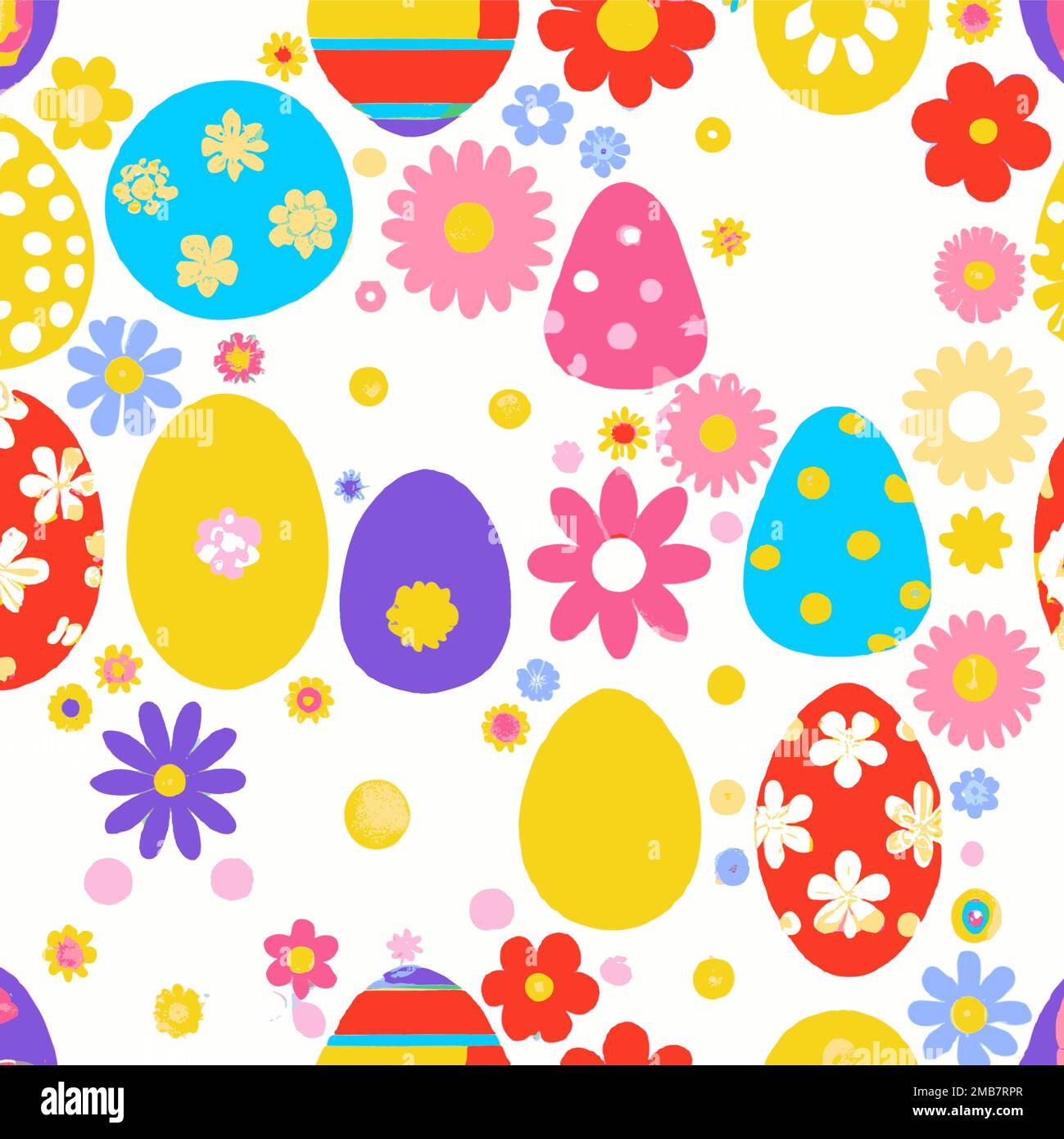 Illustration of many colorful decorated Easter eggs and flowers background pattern, red, yellow, green, blue, bright and pastel Stock Vector