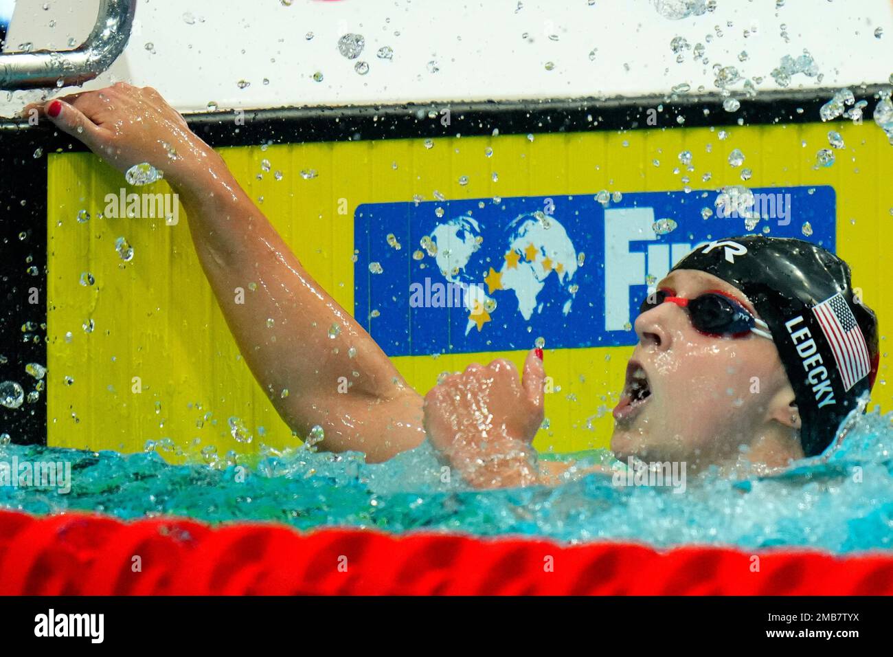 Katie Ledecky of the United States celebrates after winning the Women