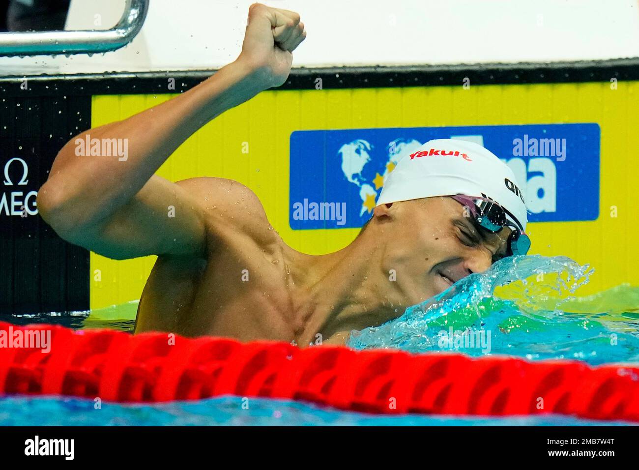 David Popovici of Romania reacts after winning the Men 200m Freestyle