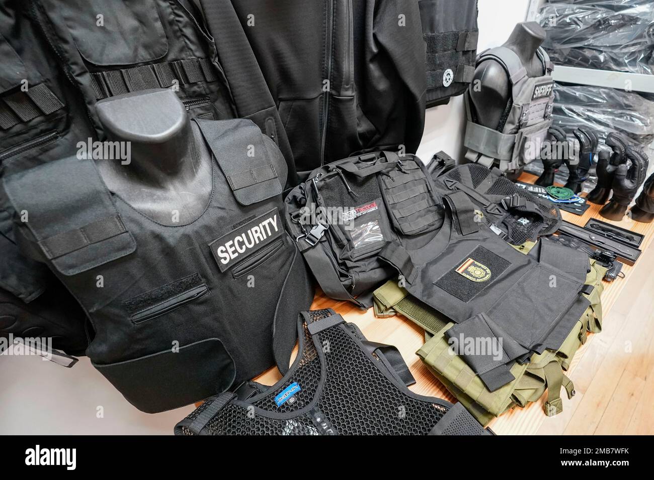 Different levels of body armor sit on display at 221B Tactical headquarters, Tuesday, June 14