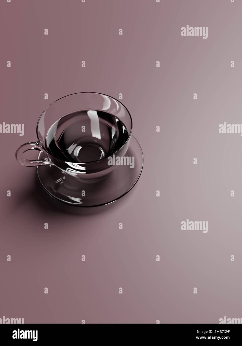 A vertical 3d rendered black glass cup of coffee against a pinky