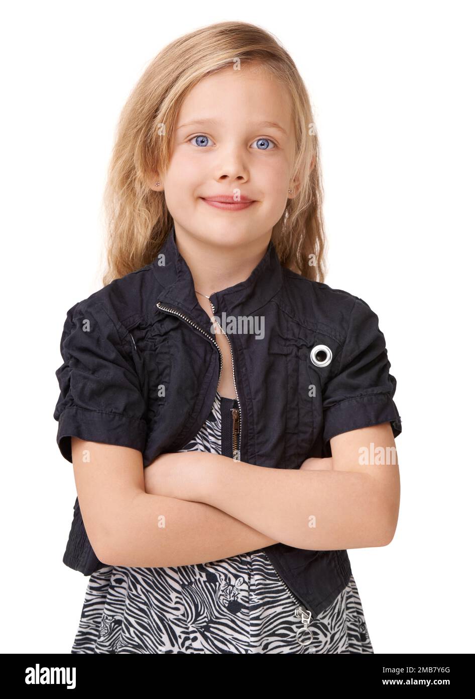 Arms crossed, smile and portrait of a girl for fashion on a white