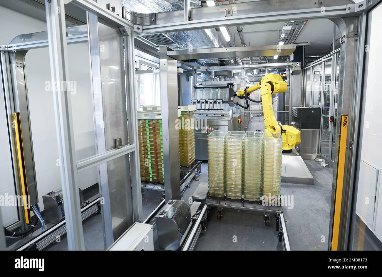 Hamburg, Germany. 20th Jan, 2023. A robot works in an automatic emptying  and cleaning system for laboratory cages for mice during a press tour of  the new building for research animal husbandry