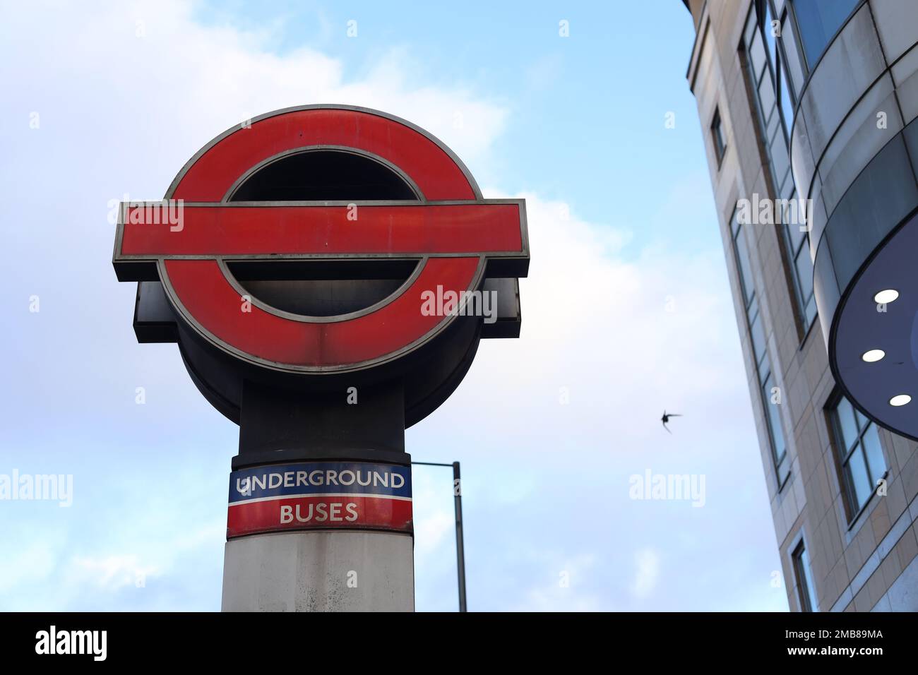 Tfl logo sign outside of Hammersmith Station for trains and buses. Stock Photo