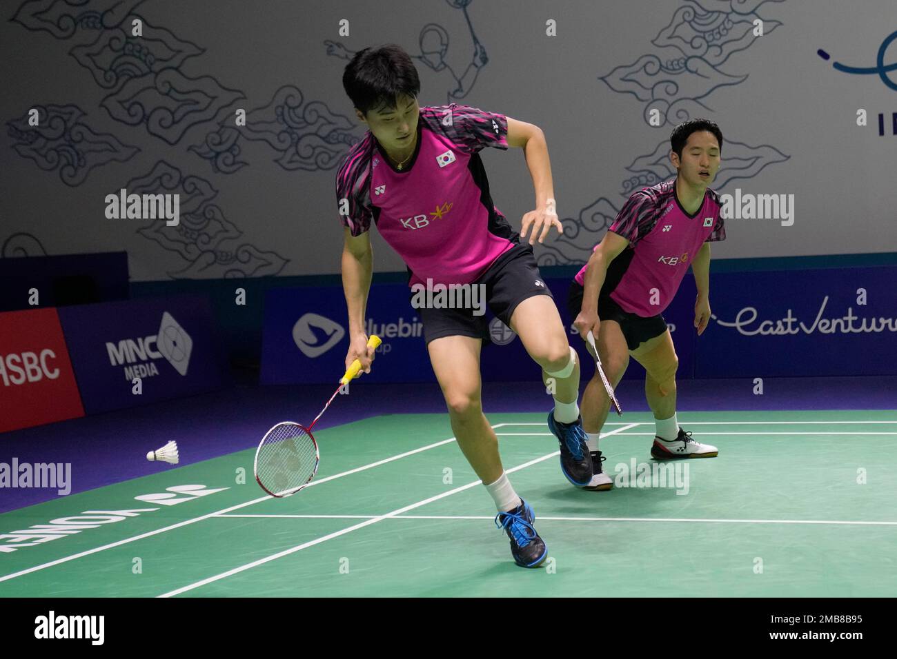 South Koreas Choi Sol-gyu, right, and Kim Won-ho compete against their compatriots Kang Min-hyuk and Seo Sung-jae during their mens doubles quarterfinal match at Indonesia Open badminton tournament at Istora Gelora Bung
