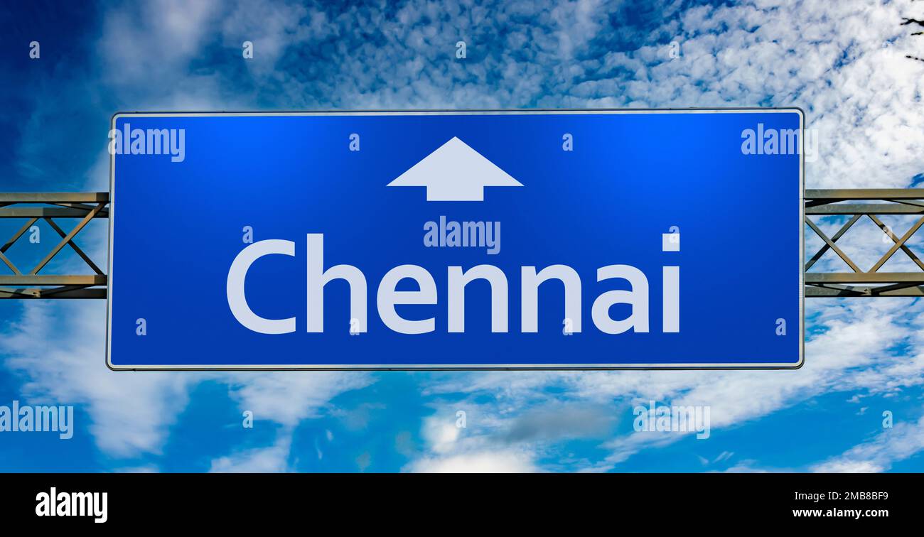 Road sign indicating direction to the city of Chennai Stock Photo Alamy