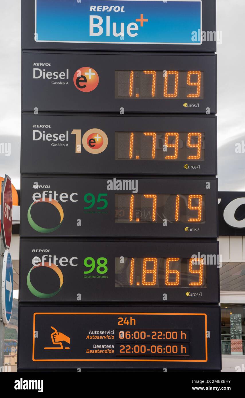 Alicante, Spain – January 16, 2023. Repsol gas pump in Spain showing prices per liter for diesel and 95 and 98 gasoline. Stock Photo