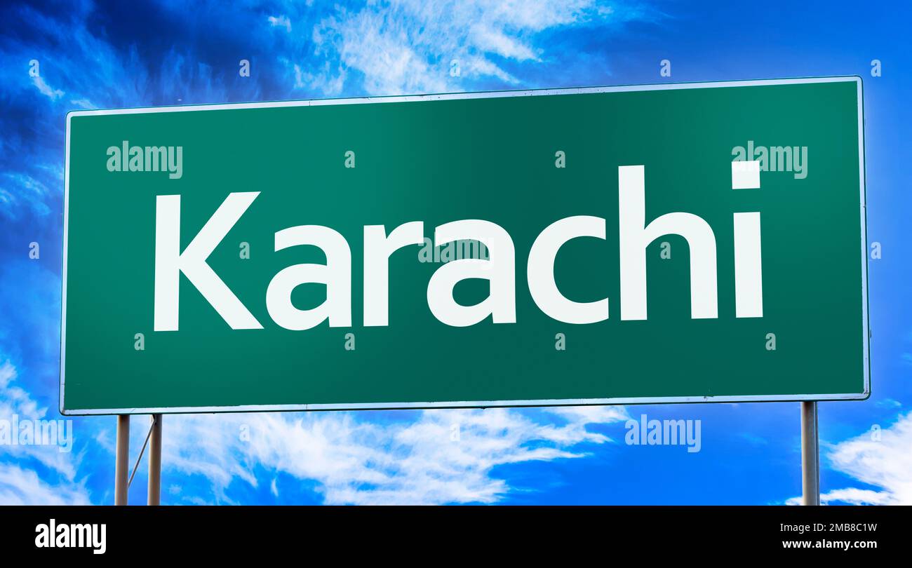 Road sign informing of the entrance to the city of Karachi Stock Photo Alamy