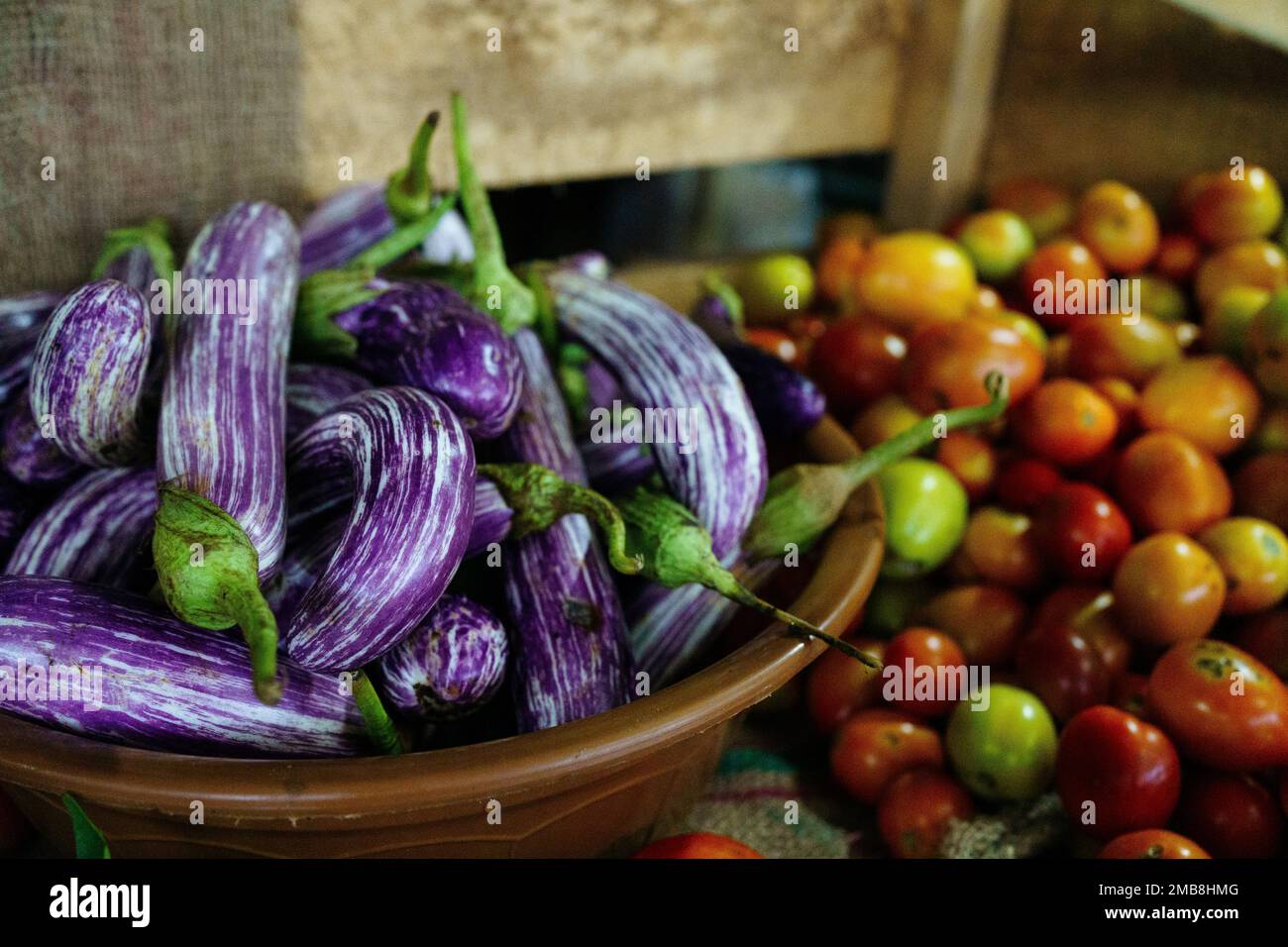 Graffiti Aubergine on farmers market in Sri lank Stock Photo