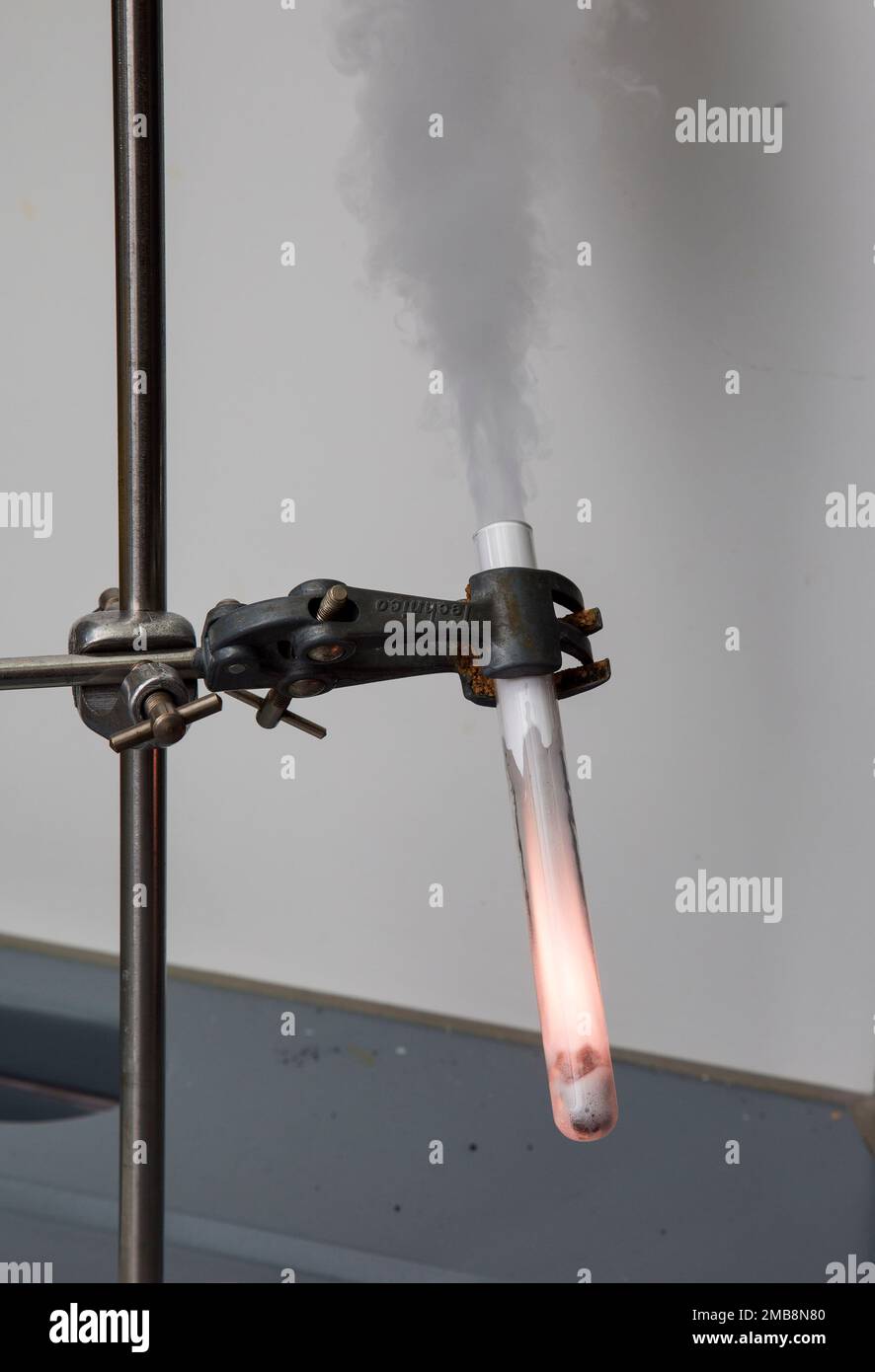 candy with potassium chlorate, KClO3 and wine gum in a test tube reacts quite violently. Stock Photo