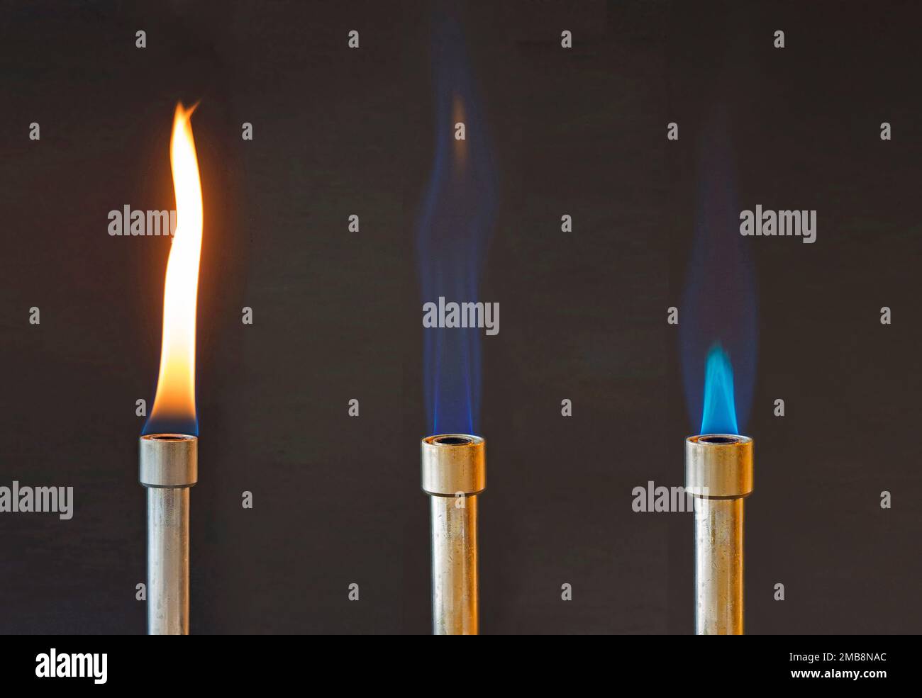 With regulation of oxygen the color and temperature of the flame of a