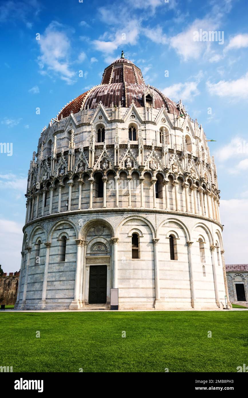 The Pisa Baptistry of St. John is a Roman Catholic ecclesiastical building in Pisa, Italy. Stock Photo