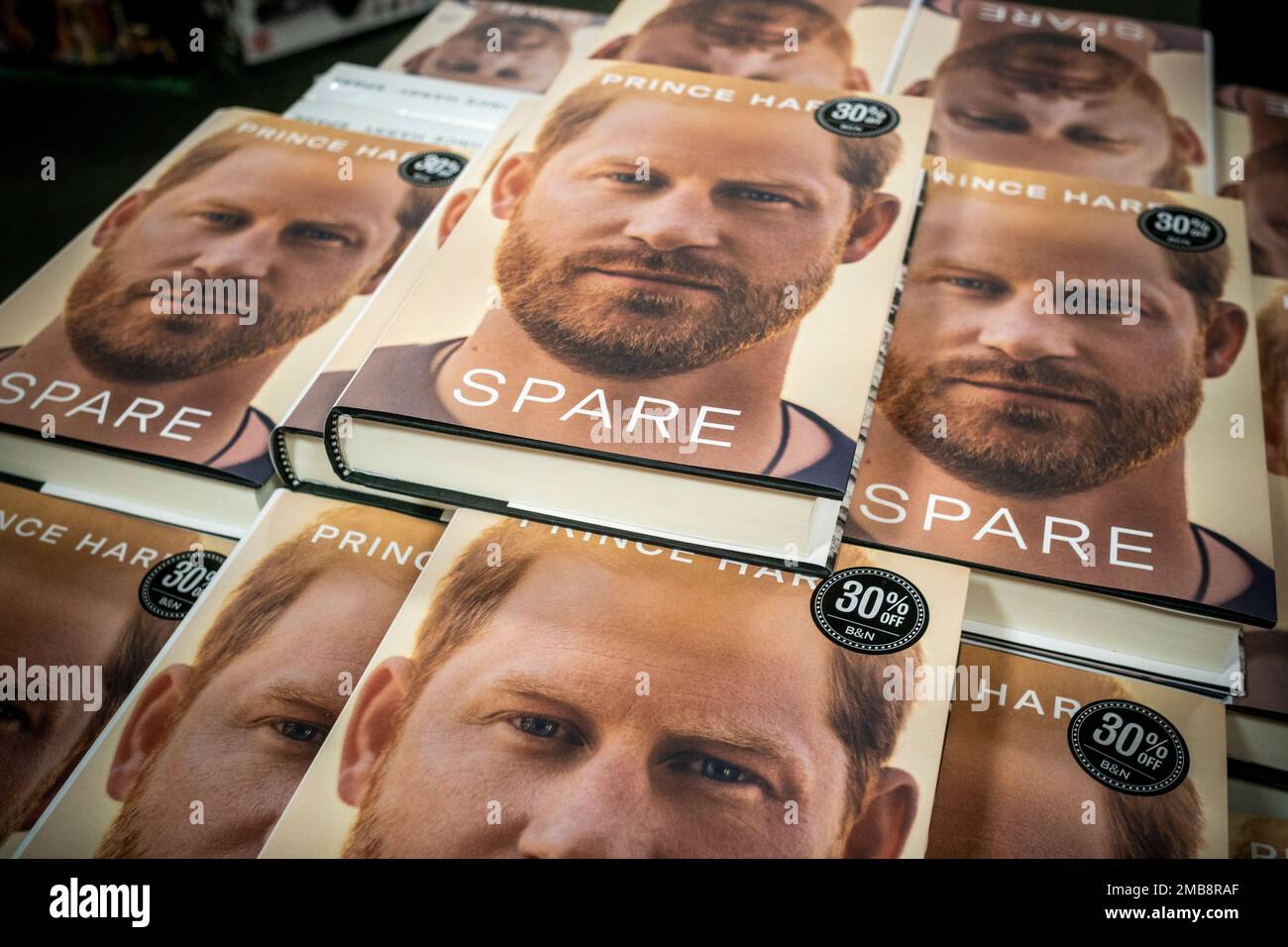Copies of Prince Harry’s tell-all book “Spare” in a Barnes & Noble bookstore on the day it goes on sale, Tuesday, January 10, 2023.  (© Richard B. Levine) Stock Photo