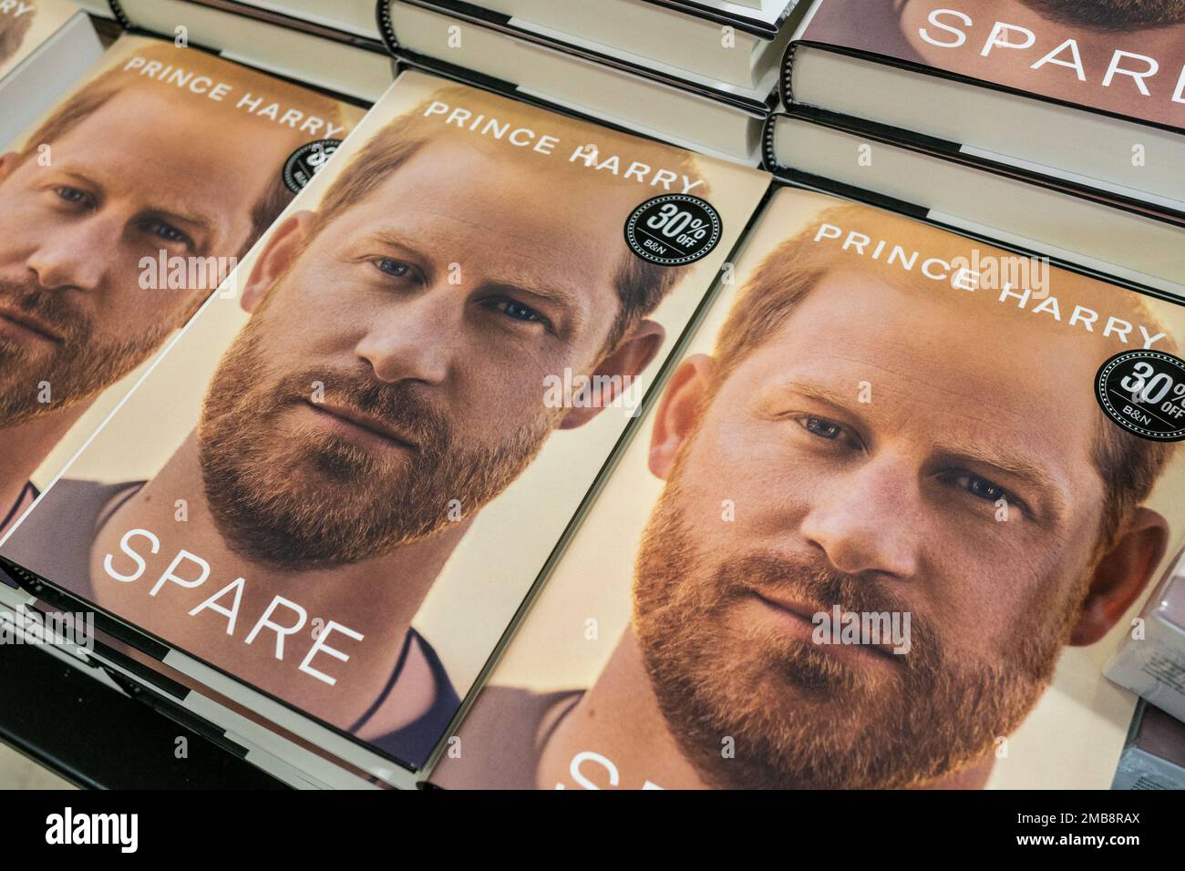 Copies of Prince Harry’s tell-all book “Spare” in a Barnes & Noble bookstore on the day it goes on sale, Tuesday, January 10, 2023.  (© Richard B. Levine) Stock Photo