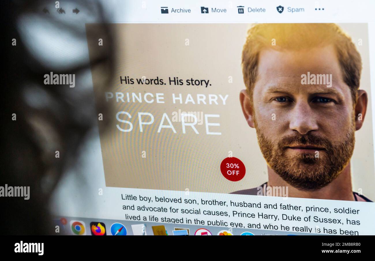 A email advertisement for Prince Harry’s tell-all book “Spare” from Barnes & Noble bookstore on the day it goes on sale, Tuesday, January 10, 2023.  (© Richard B. Levine) Stock Photo
