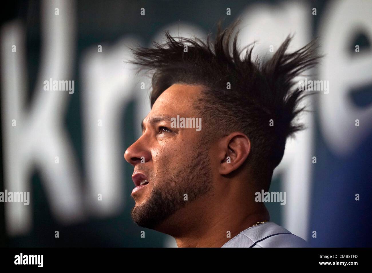 Houston Astros first baseman Yuli Gurriel watches from the dugout during  the first inning of the team's baseball game against the Texas Rangers in  Arlington, Texas, Tuesday, June 14, 2022. (AP Photo/LM
