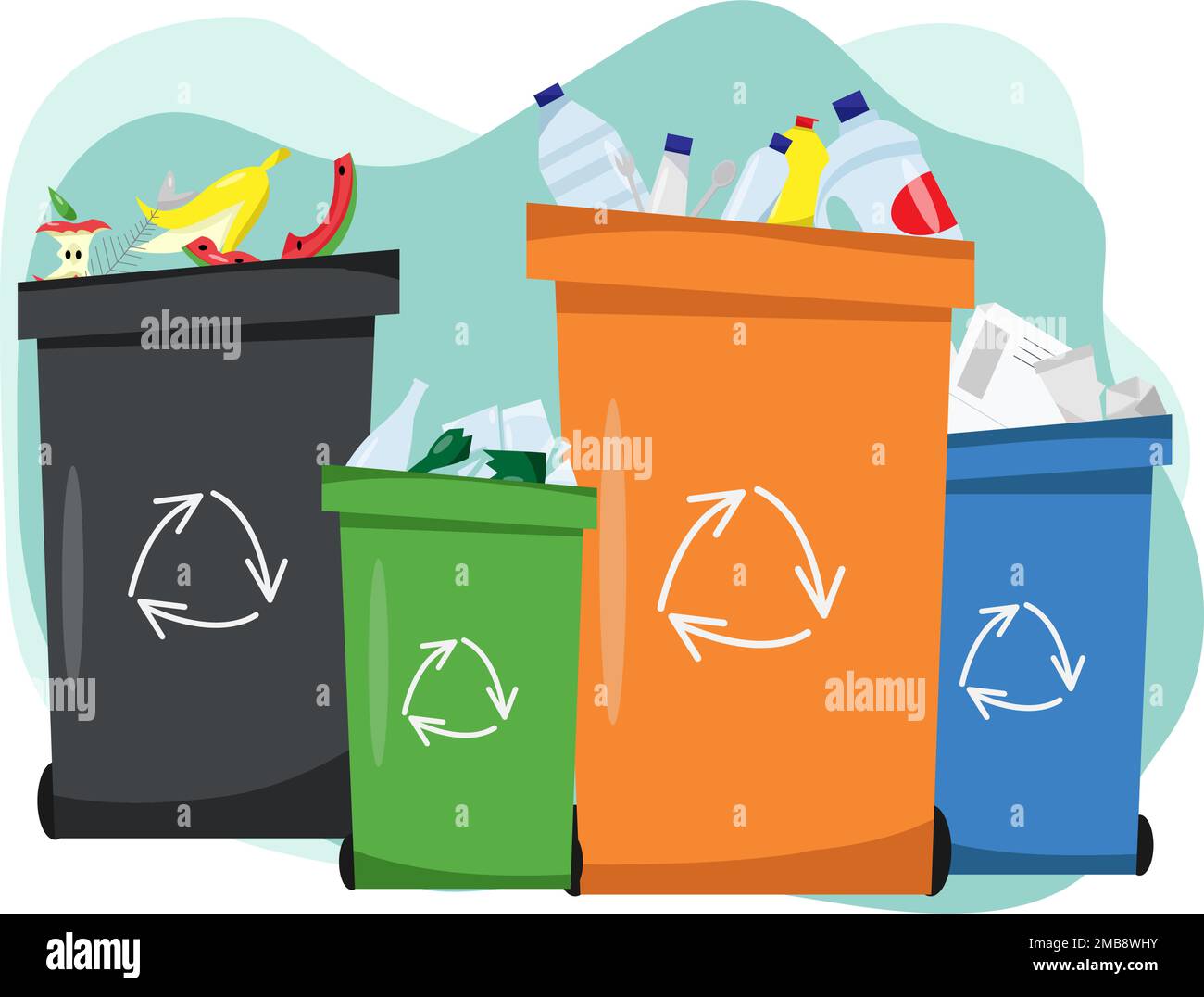 Waste sorting, Sorting waste for recycling, garbage sorting, recycling bins. Different types of garbage: paper, plastics, glass, organic.Modern flat v Stock Vector
