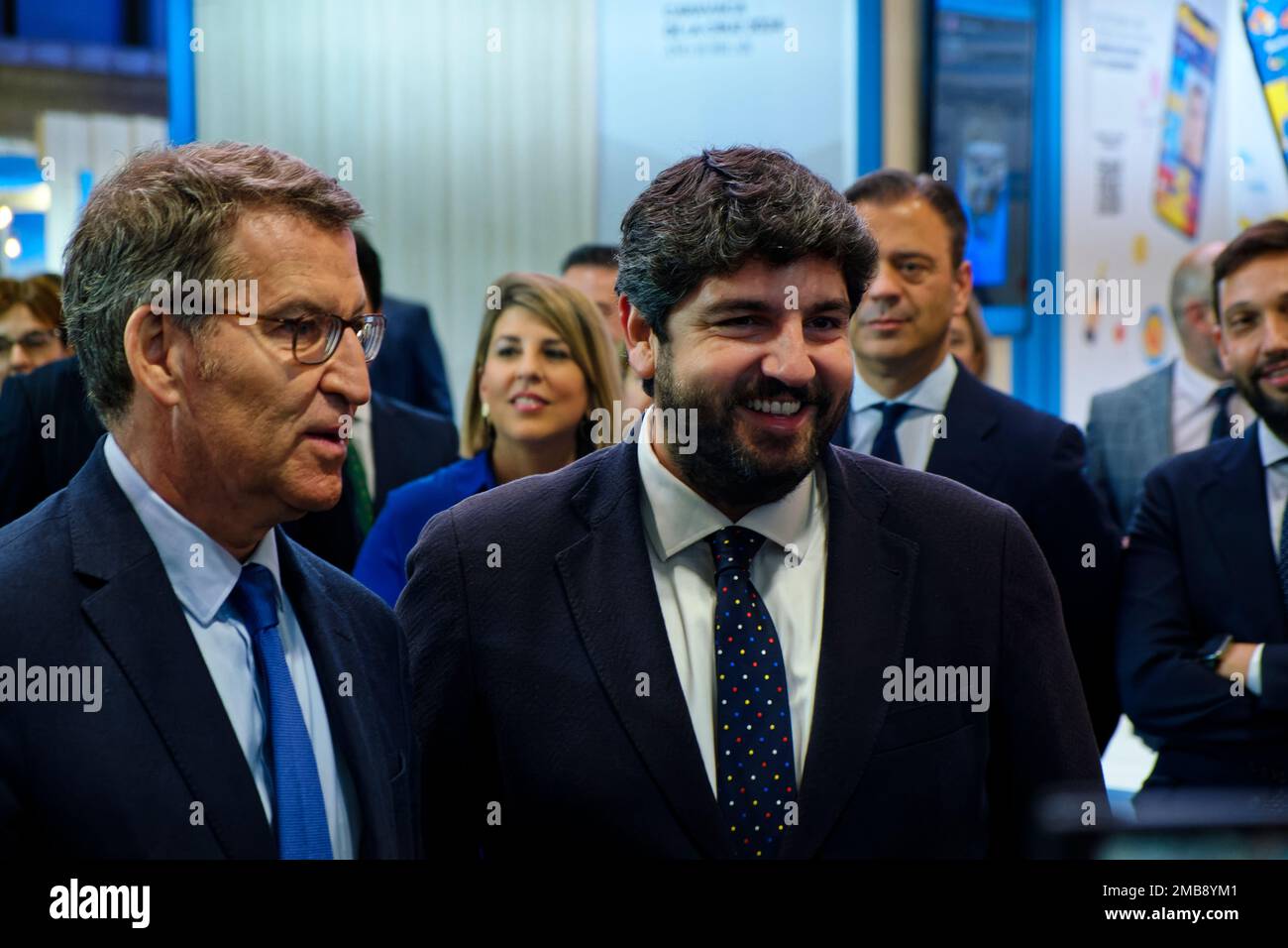 Madrid, Spain. 20th Jan, 2023.  FITUR the International Tourism Fair of Spain 2023. L to R, Alberto Nunez Feijoo, current president of the Partido Popular since 2022 and Fernando Lopez Miras, president of the Region of Murcia. IFEMA, Madrid, Spain. Credit: EnriquePSans/Alamy Live News Stock Photo