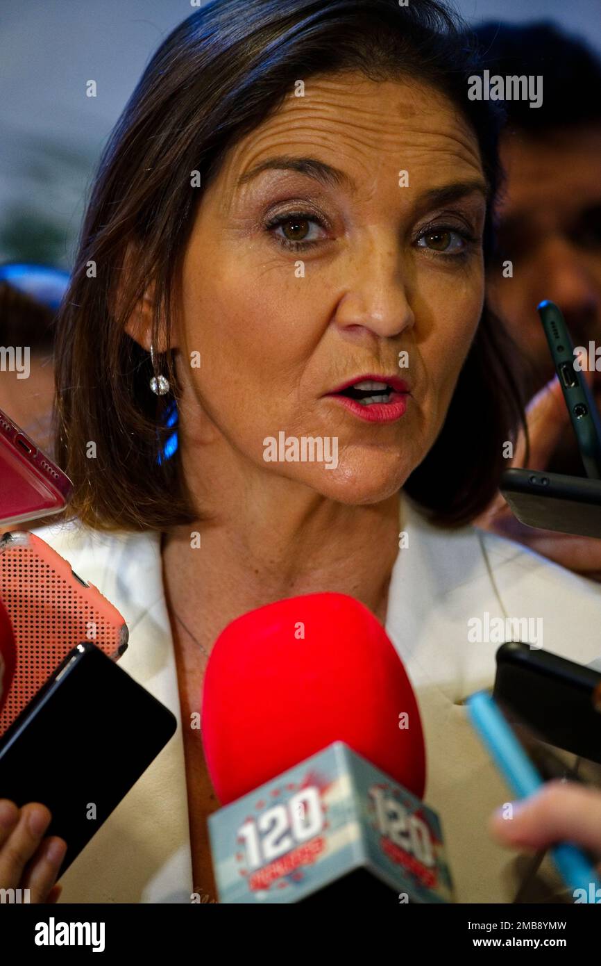 Madrid, Spain. 20th Jan, 2023.  FITUR the International Tourism Fair of Spain 2023. Maria Reyes Maroto, current Minister of Industry, Trade and Tourism and candidate of the Socialist Party of Madrid for mayor of Madrid for the municipal elections of May 2023, attends press interviews at FITUR, the International Tourism Trade Fair. IFEMA, Madrid, Spain. Credit: EnriquePSans/Alamy Live News Stock Photo