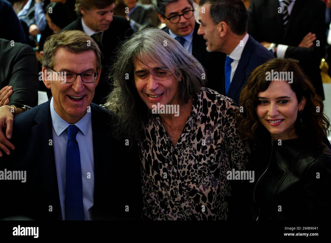 Madrid, Spain. 20th Jan, 2023.  FITUR the International Tourism Fair of Spain 2023. L to R, Alberto Nunez Feijoo, current president of the Partido Popular since 2022, Mario Vaquerizo, singer and TV collaborator, Isabel Diaz Ayuso, President of the Community of Madrid, attends press interviews at FITUR, the International Tourism Trade Fair. IFEMA, Madrid, Spain. Credit: EnriquePSans/Alamy Live News Stock Photo