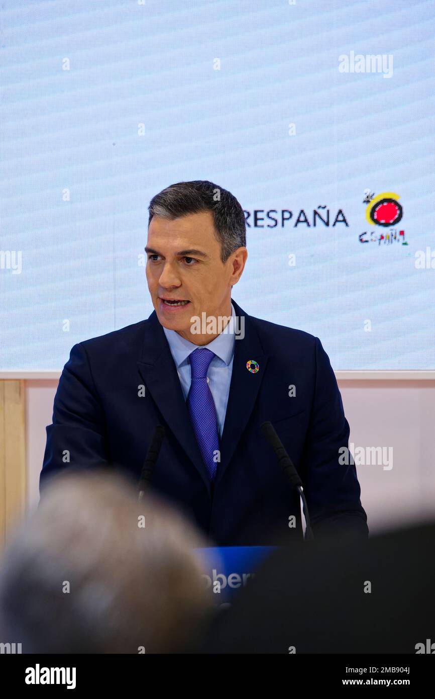 Madrid, Spain. 20th Jan, 2023.  FITUR the International Tourism Fair of Spain 2023. Visit of the President of the Spanish Government, Pedro Sanchez, at the Turespaña stand. IFEMA, Madrid, Spain. Credit: EnriquePSans/Alamy Live News Stock Photo