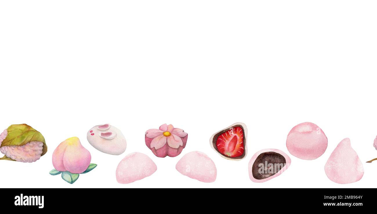 Watercolor hand drawn traditional Japanese sweets. Seamless border of
