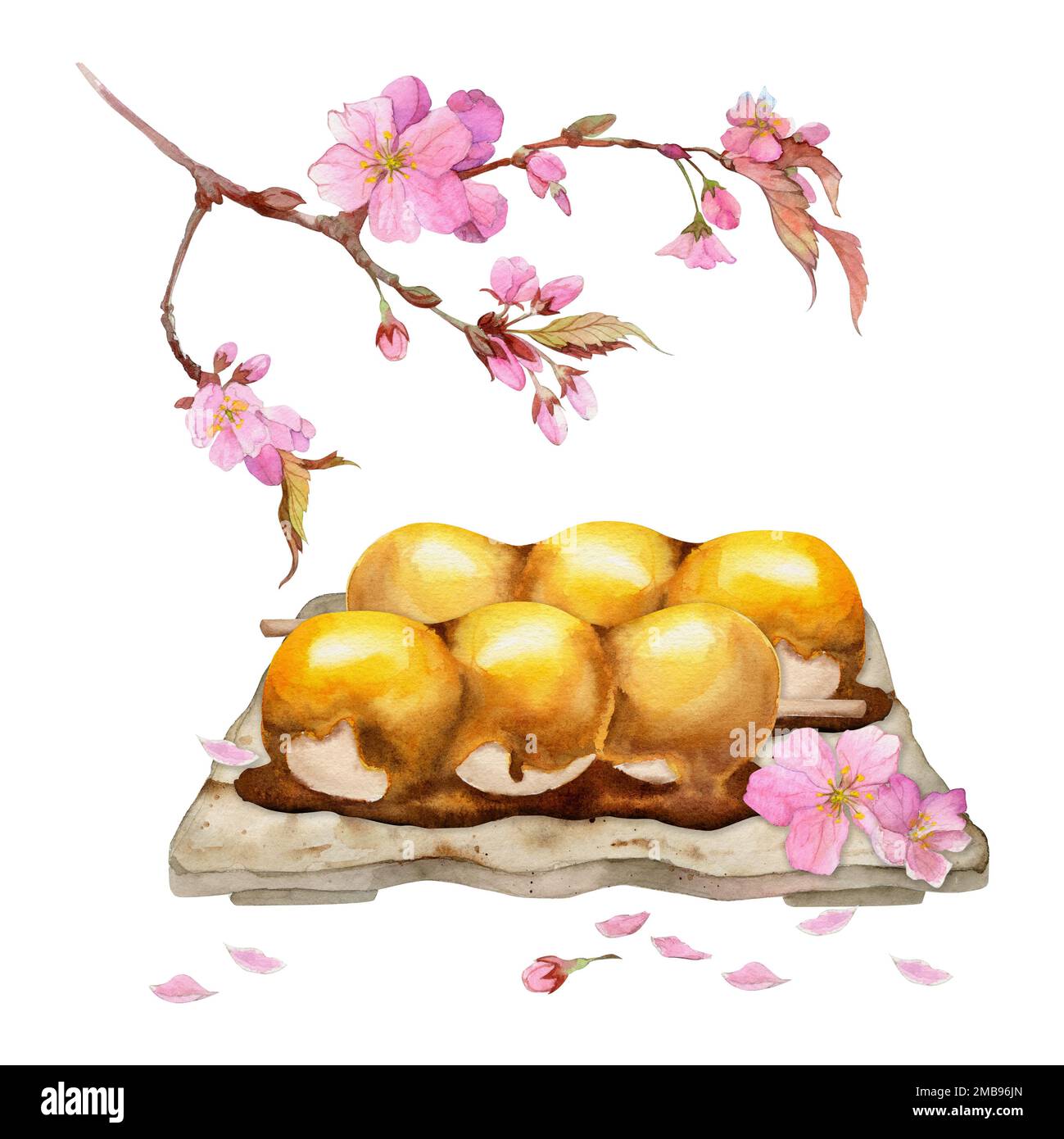 Watercolor hand drawn traditional Japanese sweets. Ceramic dish