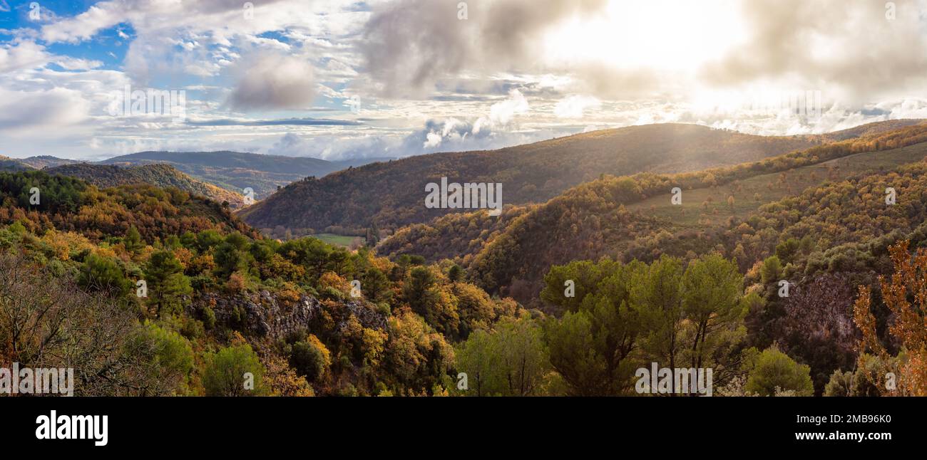 Mountain Landscape with Fall Color Trees. France, Europe. Nature Background Stock Photo