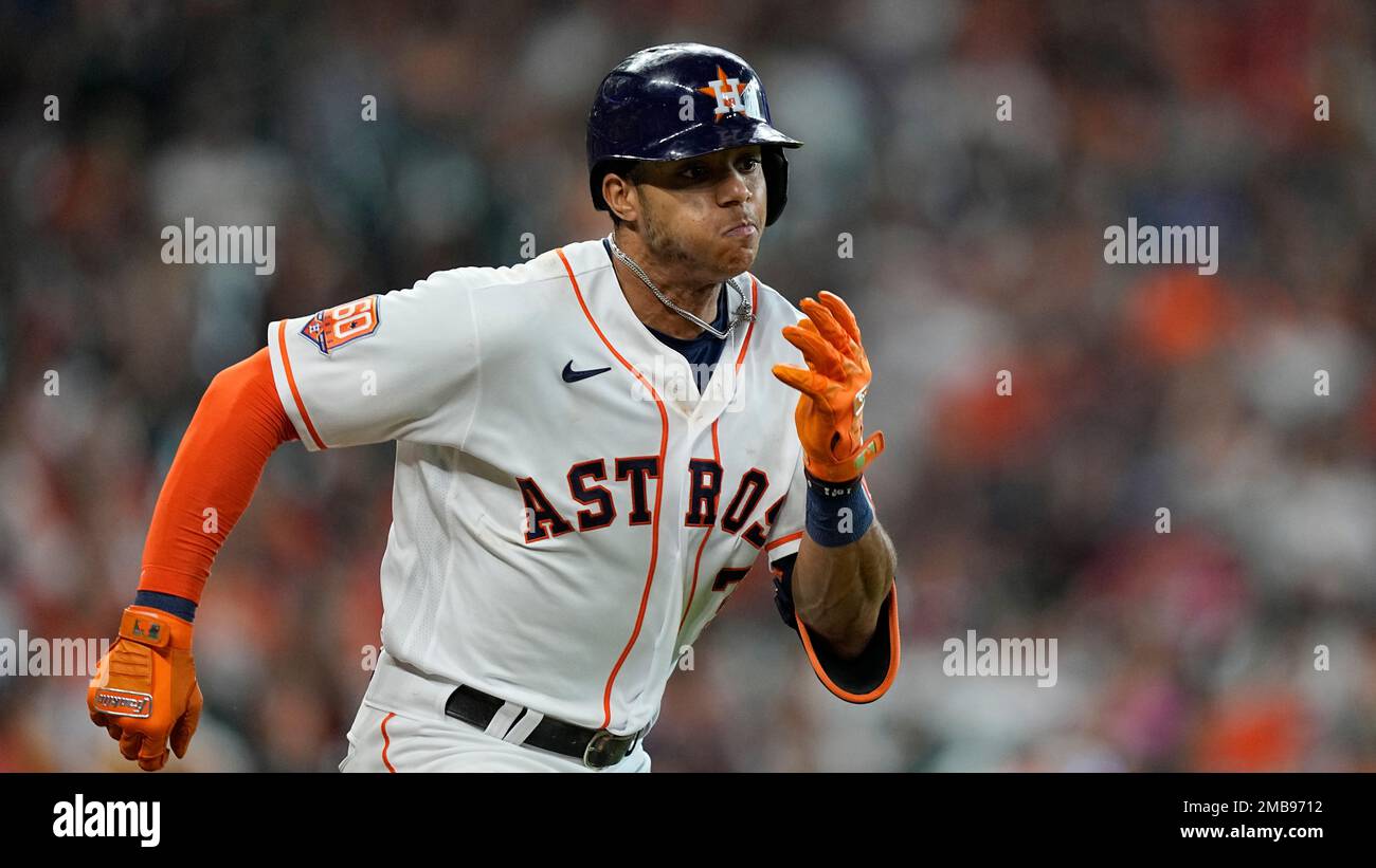 Houston Astros' Jeremy Pena runs up the first base line during the second  inning of a baseball game against the Cleveland Guardians Monday, May 23,  2022, in Houston. (AP Photo/David J. Phillip