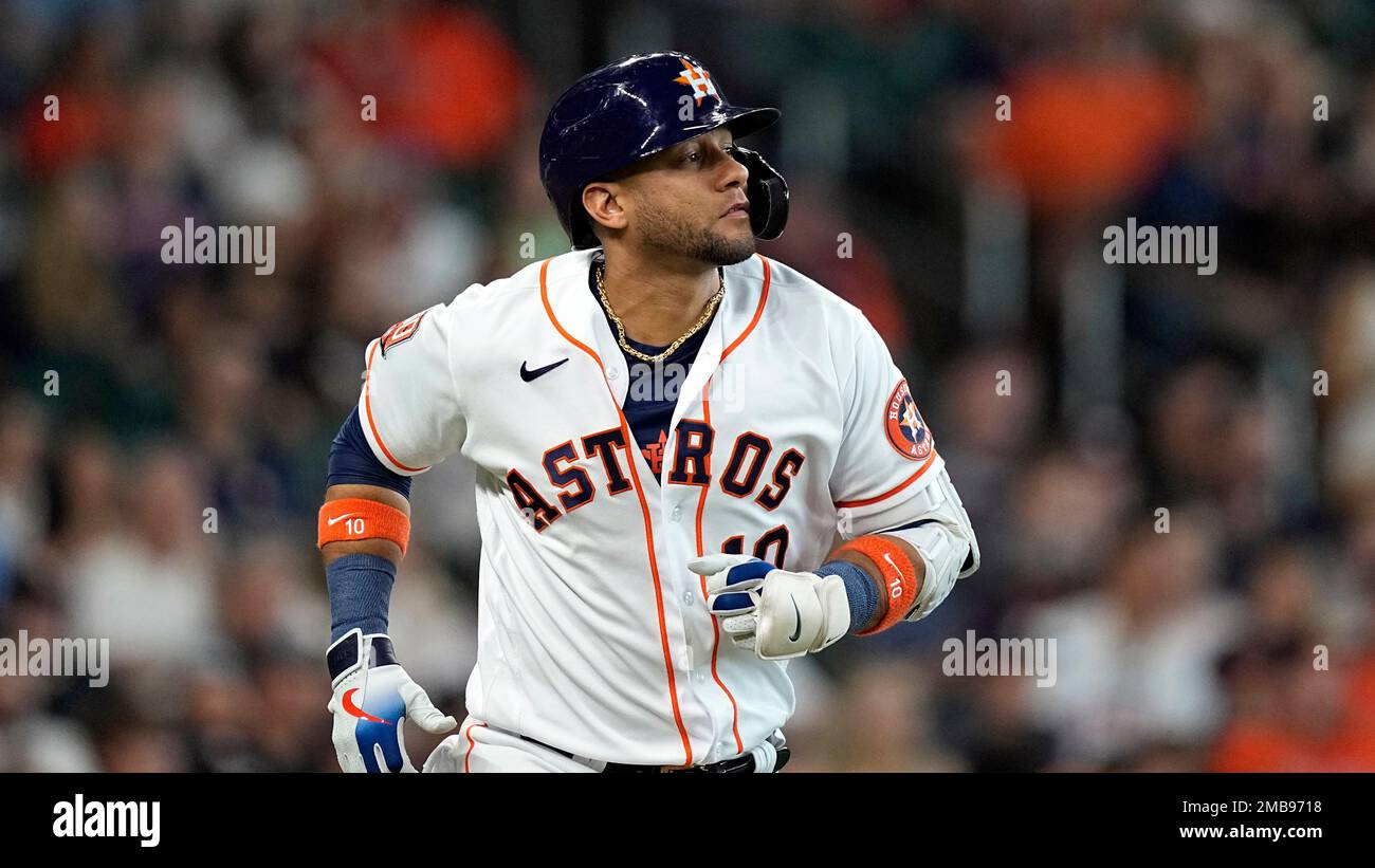 Houston Astros' Yuli Gurriel runs up the first base line against the Los  Angeles Angels during the second inning of a baseball game Friday, July 1,  2022, in Houston. (AP Photo/David J.