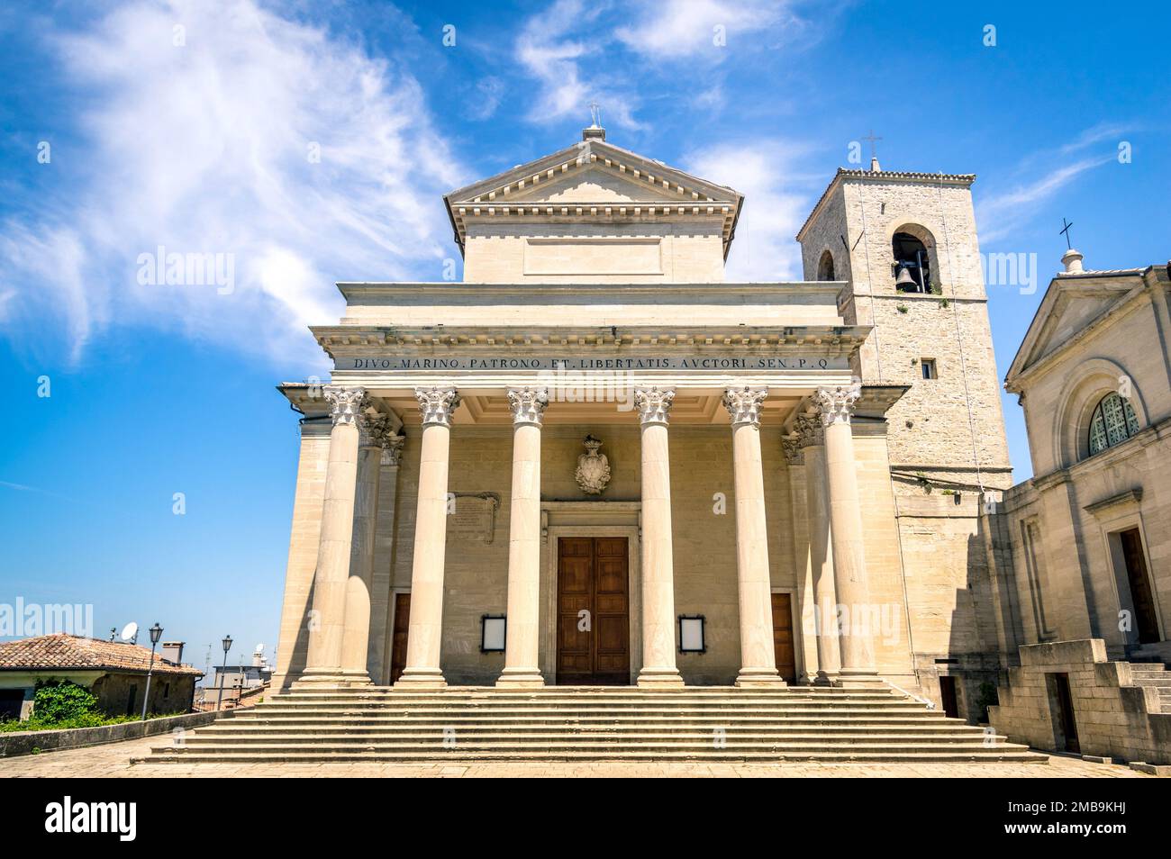 Frontal view of church San Marino Basilica - RSM Italian adriatic coast - Emilia Romagna and Marche regions Stock Photo