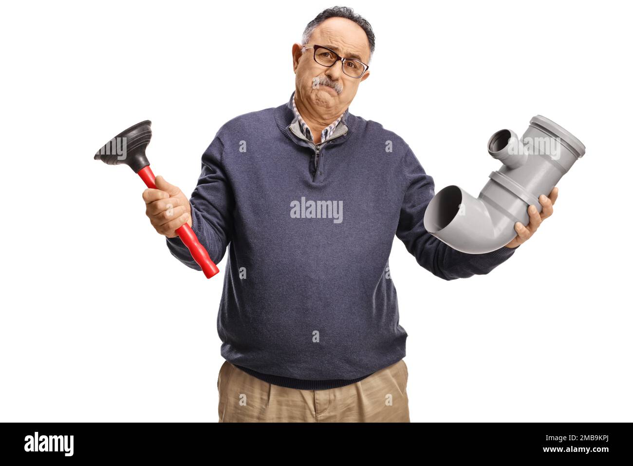 Disappointed mature man holding a pipe and a plunger isolated on white background Stock Photo