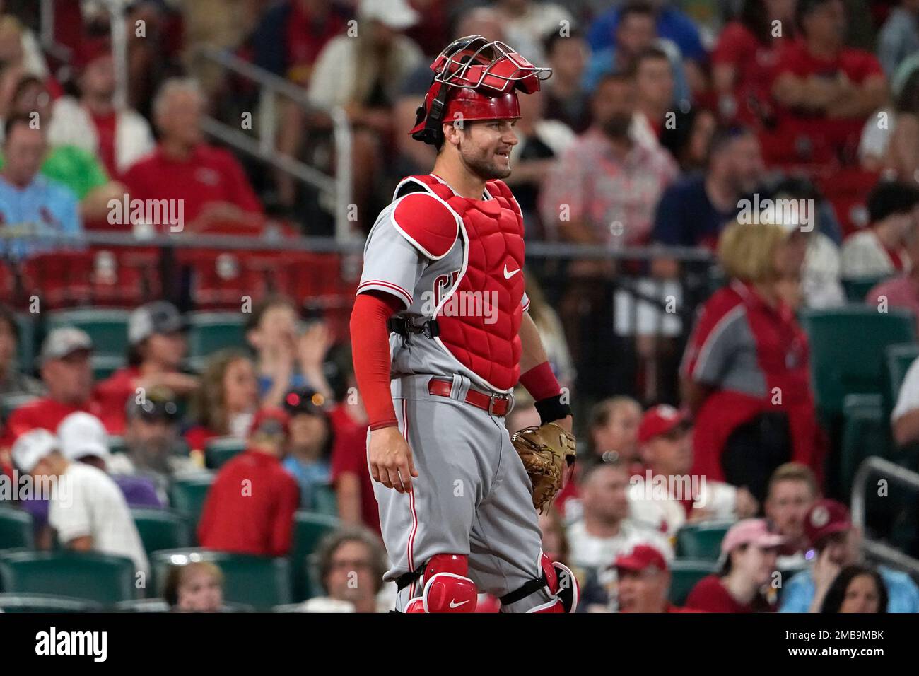 Cincinnati Reds catcher Chris Okey takes up his position during the eighth inning of a baseball game against the St. Louis Cardinals Friday, June 10, 2022, in St