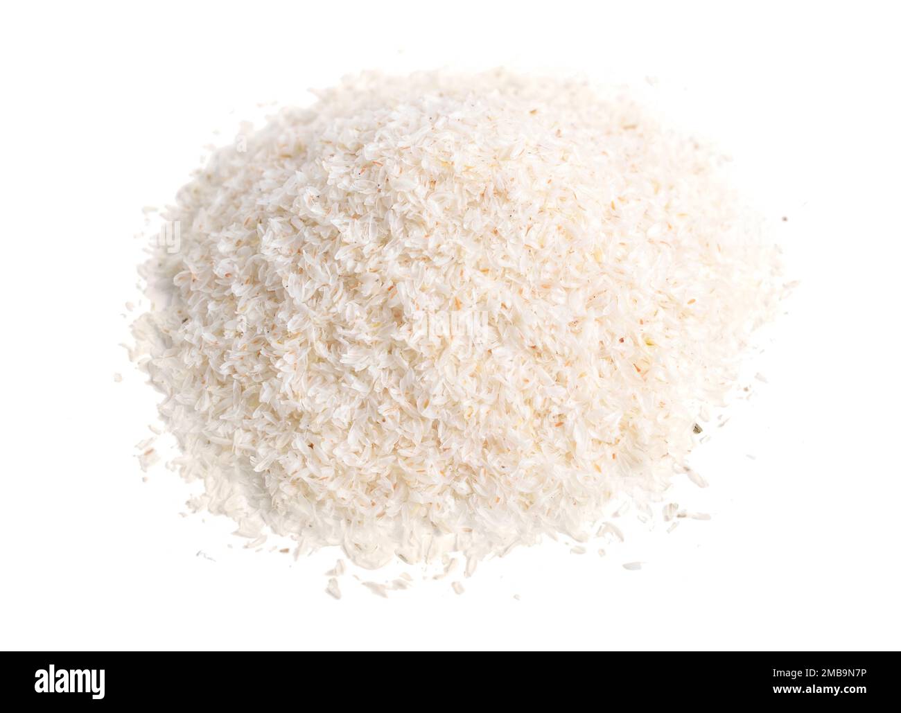 Heap of psyllium husk in plastic spoon. Isolated on white background. Stock Photo