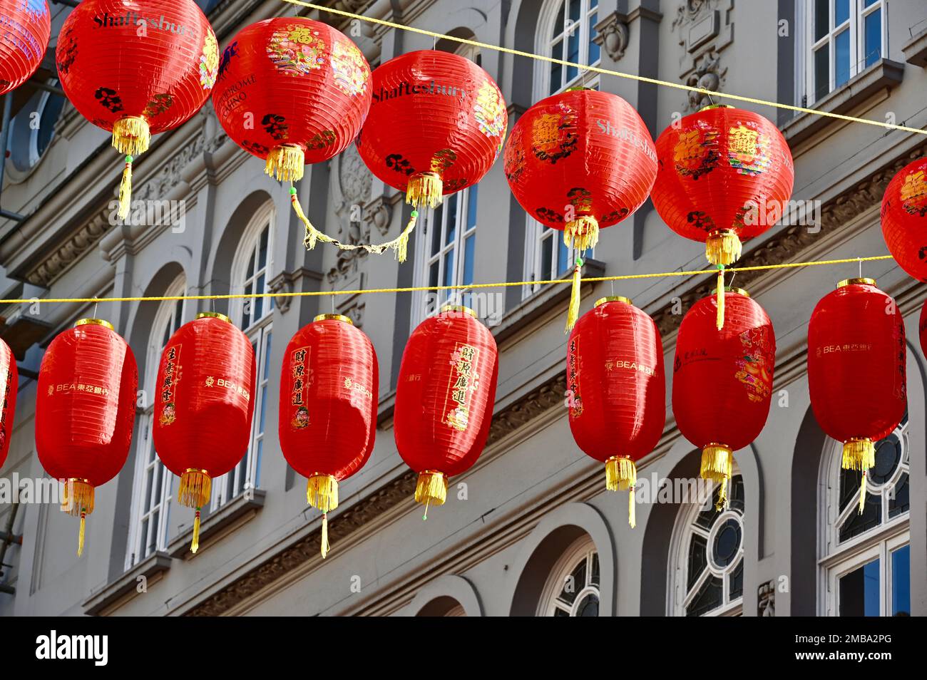 New Red lanterns were hung in Gerrard Street to welcome in the year of the Rabbit. Chinatown, London. UK Stock Photo