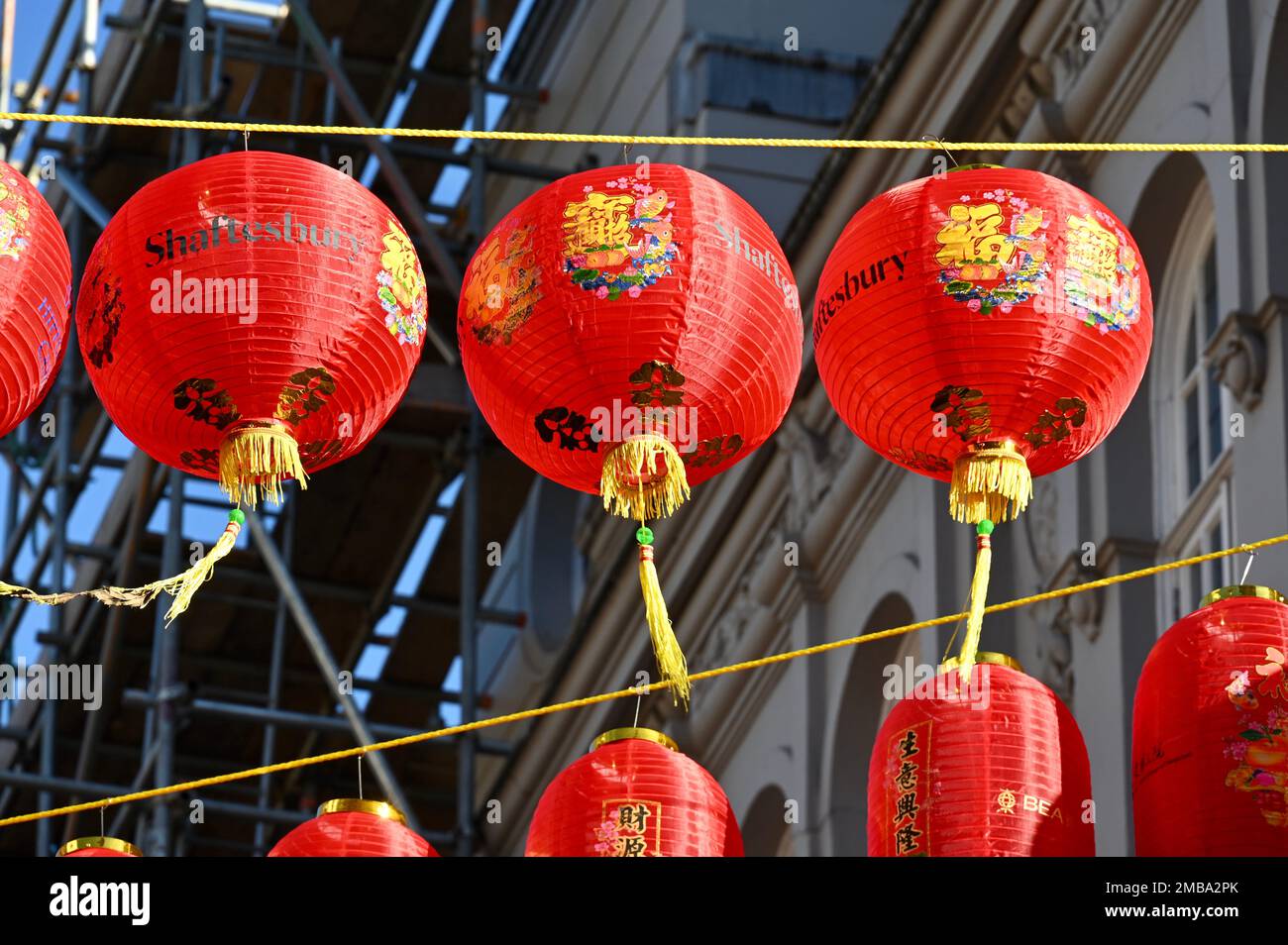 New Red lanterns were hung in Gerrard Street to welcome in the year of the Rabbit. Chinatown, London. UK Stock Photo