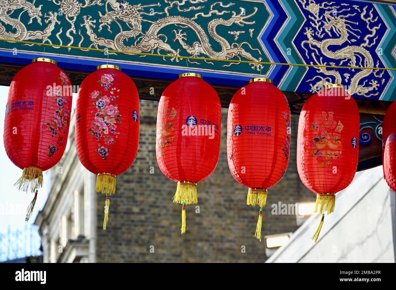 New Red lanterns were hung in Chinatown to welcome in the year of the Rabbit. Chinatown, London. UK Stock Photo
