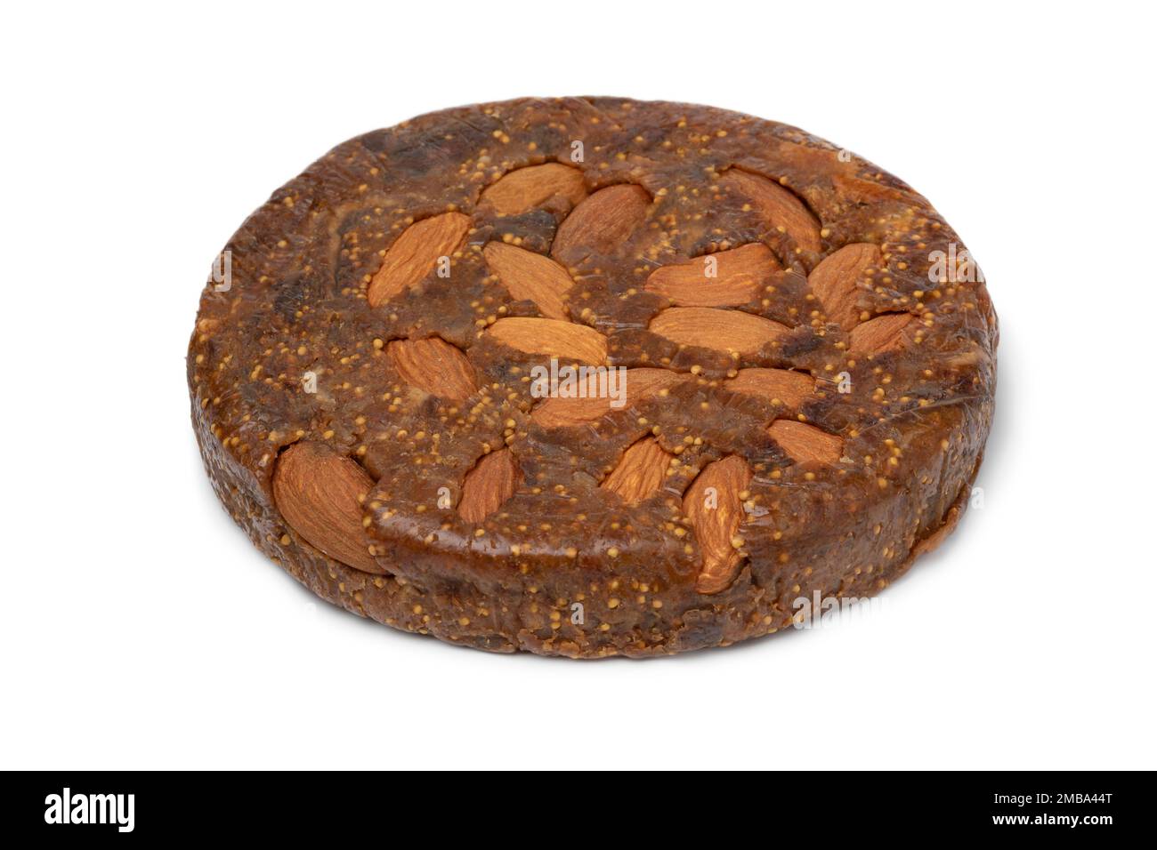 Single round fig bread with almonds isolated on white background Stock Photo
