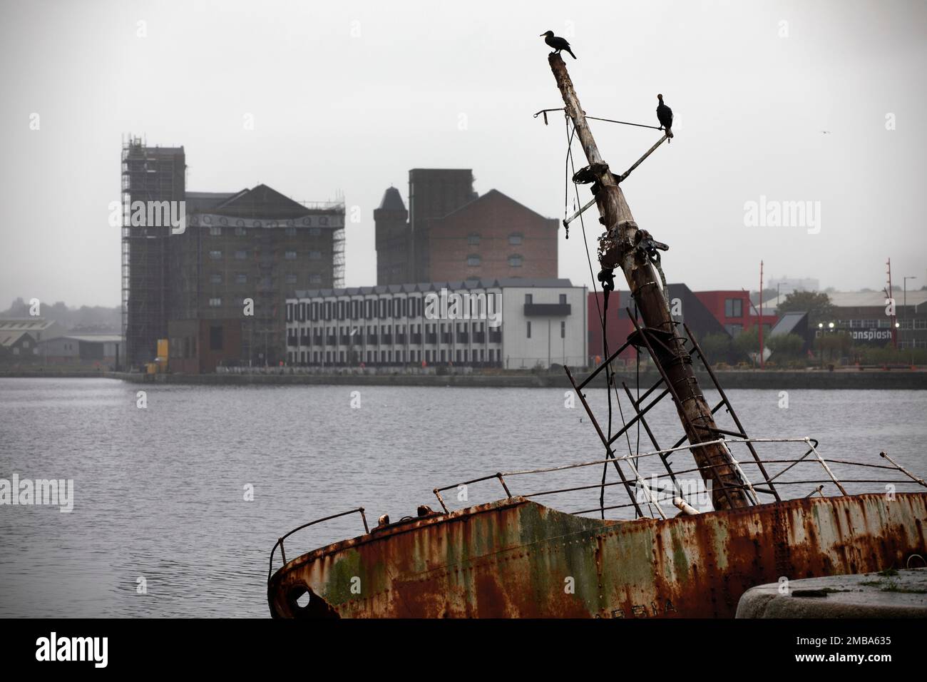 Looking across the East Float dock in Birkenhead towards an Urban Splash housing development at Wirral Waters Wirral Waters will form part of the Liverpool City Region Freeport, which was announced recently by the Conservative government. Stock Photo